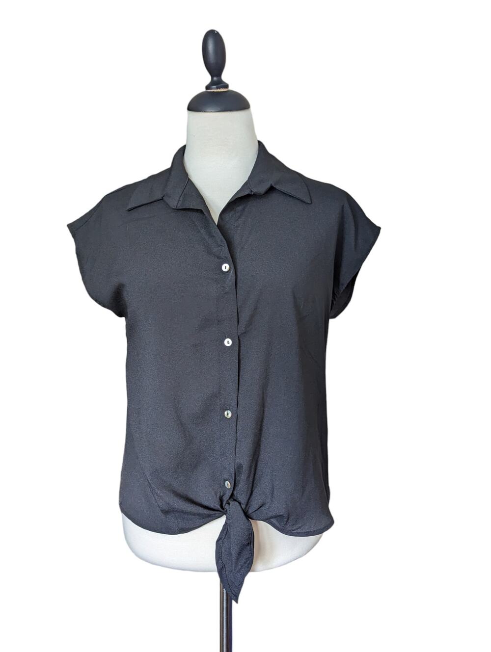 Blue Rain Black Front Tie Button Up Blouse Size S